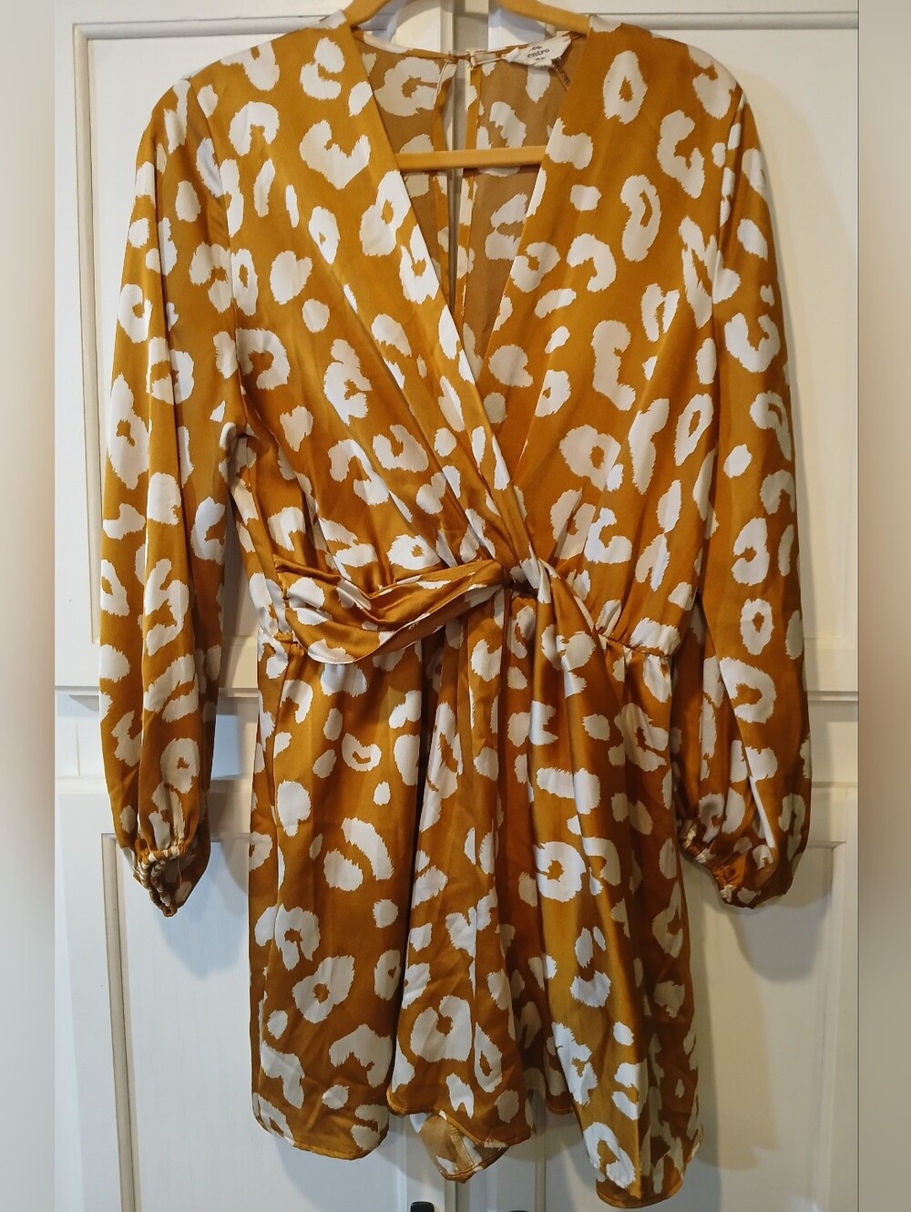 Entro camel-color satin leopard print romper, plunging V-neck & twist tie front